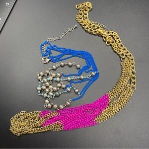 Pair Colorful Multistrand Chain Necklaces Gold Tone & Pink Silvertone & Blue